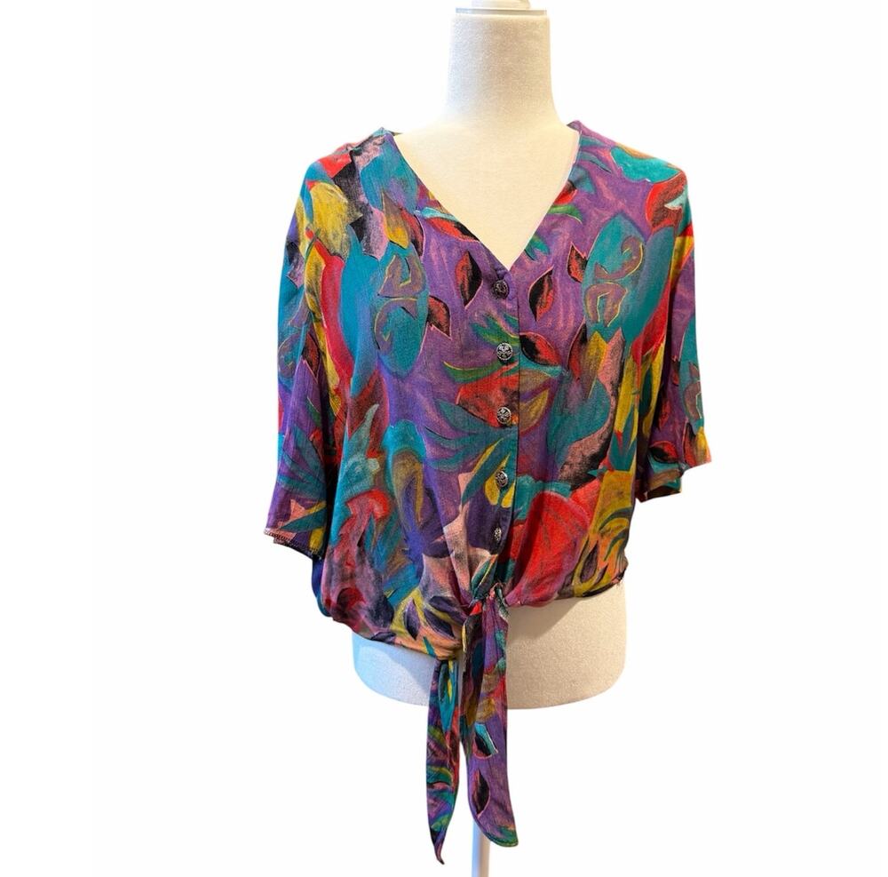 Vintage 90s AKF Abstract Tie Waist Blouse Large Colorful Retro Boho Top